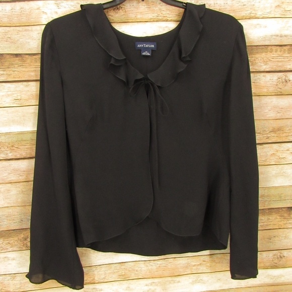 Ann Taylor Black Split Front Tie Collar Silk Cover M - Picture 2 of 15